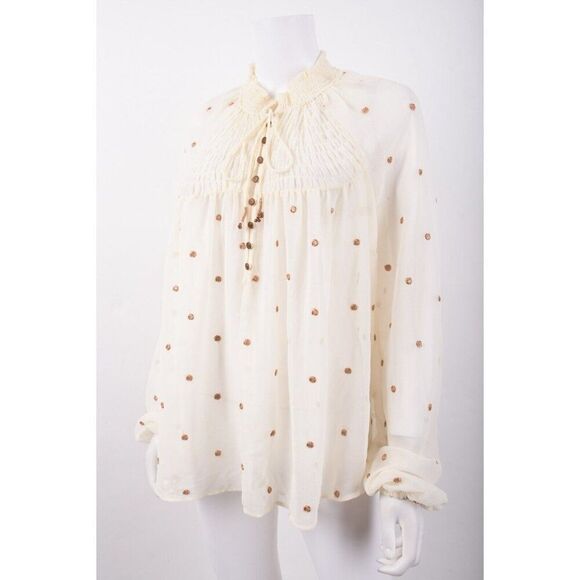 Free People Womans Peasant Blouse Shirt Top Sz M Ecru Beige Gold Dots Oversized - Picture 4 of 6